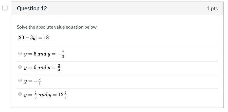 Solve the absolute value equation below. 20-3y=`18-example-1