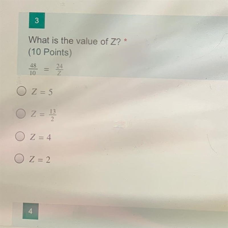 (10 points HURRY) What is the value of Z? * (10 Points) 48 10 24 Z O z=5 O Z = 1 Z-example-1