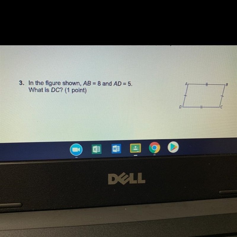 3. In the figure shown, AB = 8 and AD = 5. What is DC?-example-1