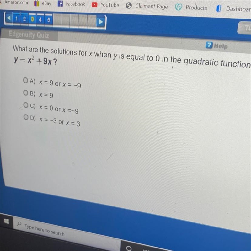 What are the solutions for x when y is equal to 0 in the quadratic function y = x-example-1