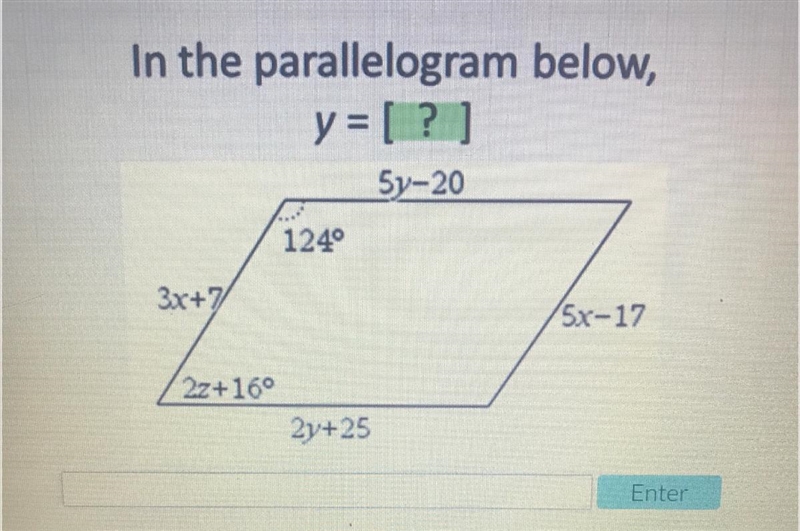 In the parallelogram below y=?-example-1