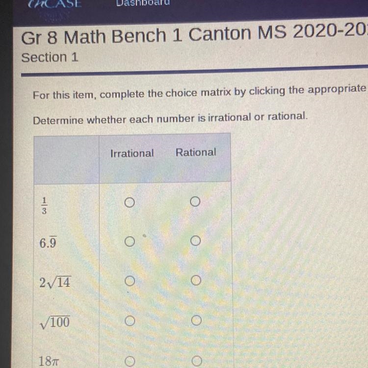 1.) Determine whether each number is irrational or rational. 1.) 1/3 A. Irrational-example-1