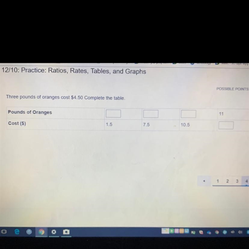 Three pounds of oranges cost $4.50 complete the table-example-1