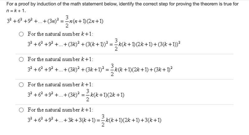 For a proof by induction of the math statement below, identify the correct step for-example-1