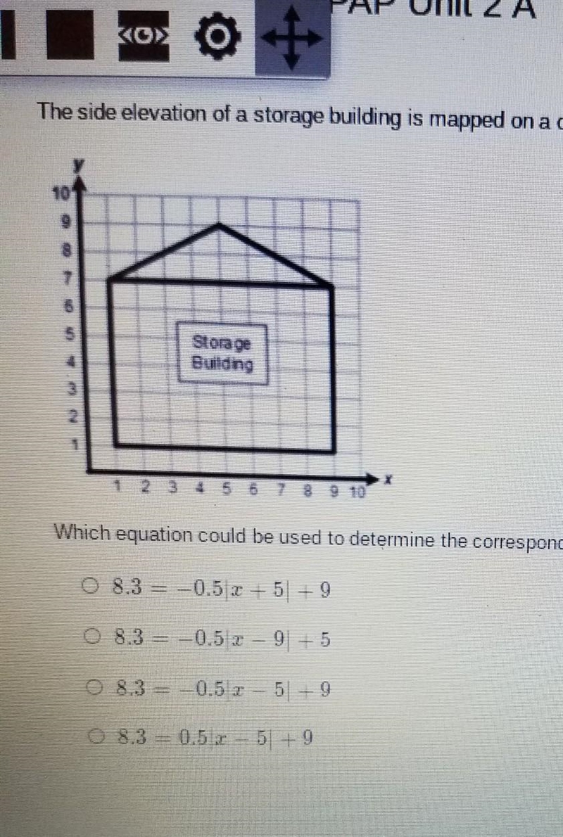 the side elevation of a storage building is mapped on a coordinate grid. which equation-example-1