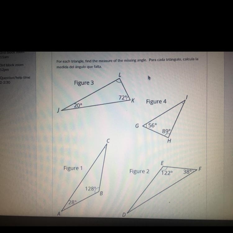 PLSSS HELP I AM BEGGING!!! For each triangle, find the measure of the missing angle-example-1