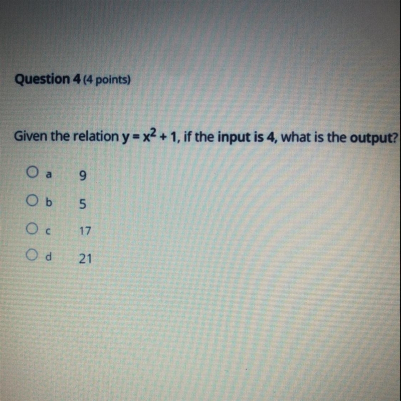 Given the relation y = x2 + 1, if the input is 4, what is the output? Please answer-example-1