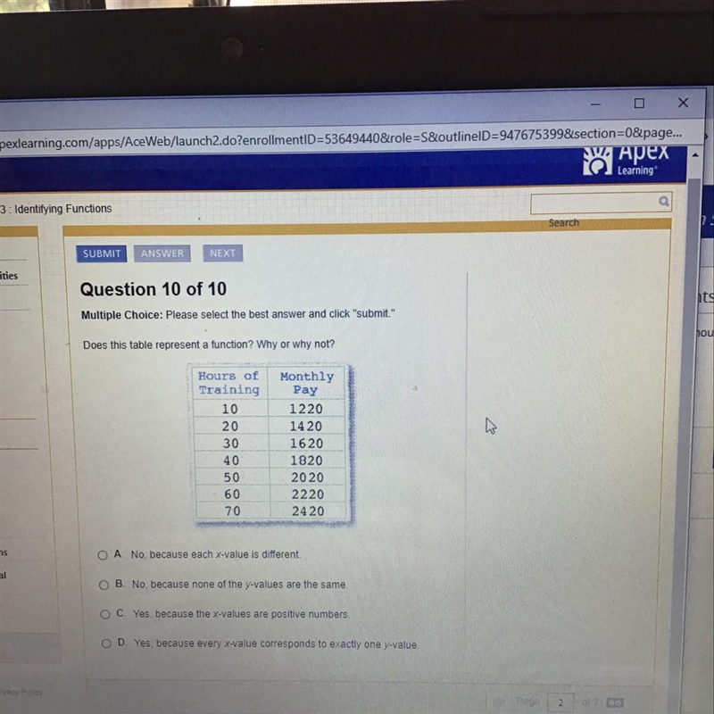 Does this table represent a function? Why or why not? Pick A,B,C or D-example-1