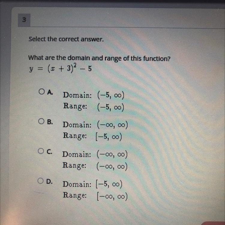 What are the domain and range of this function? y = (x + 3)^2 - 5-example-1