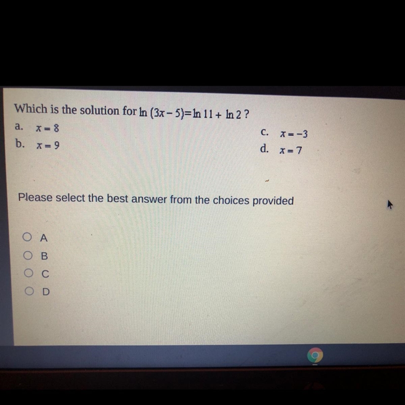 Which is the solution for ln(3x - 5) = ln(11) + ln(2) ?-example-1