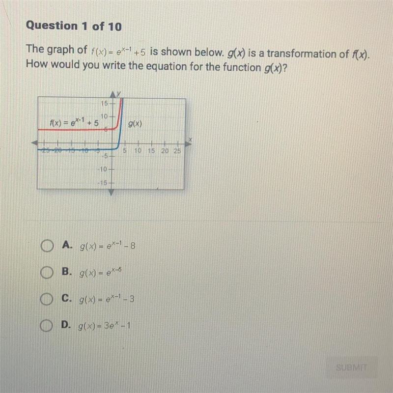 HELP!! PLEASEE! The graph f(x)=e^x-1+5 is shown below. g(x) is a transformation of-example-1