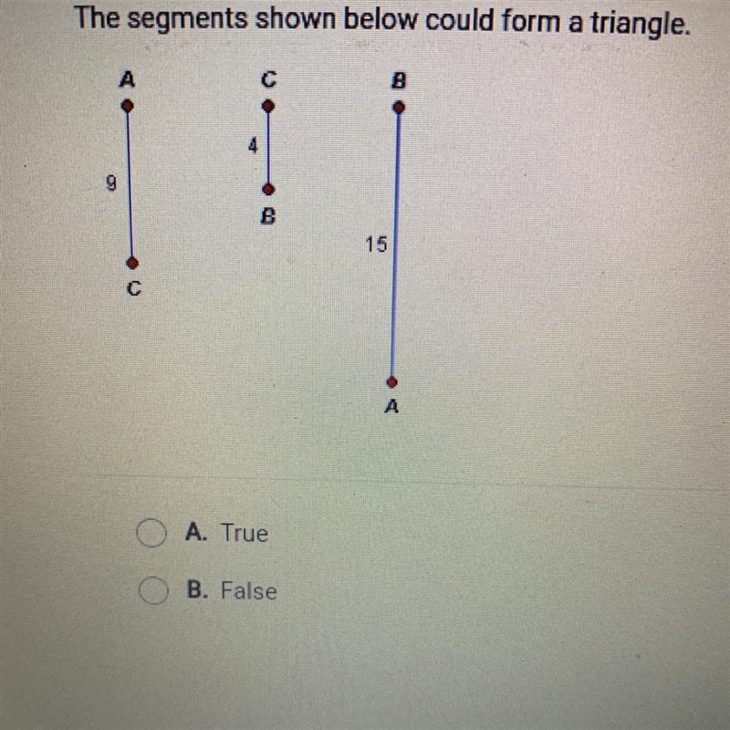 The segments shown below could form a triangle. A. True B. False-example-1