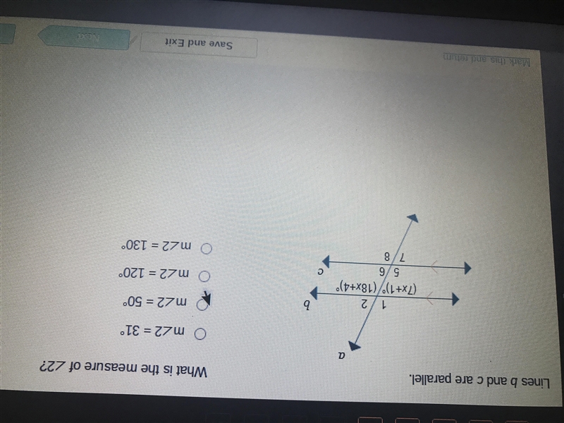 Like b and c are parallel what is the measure of <2-example-1