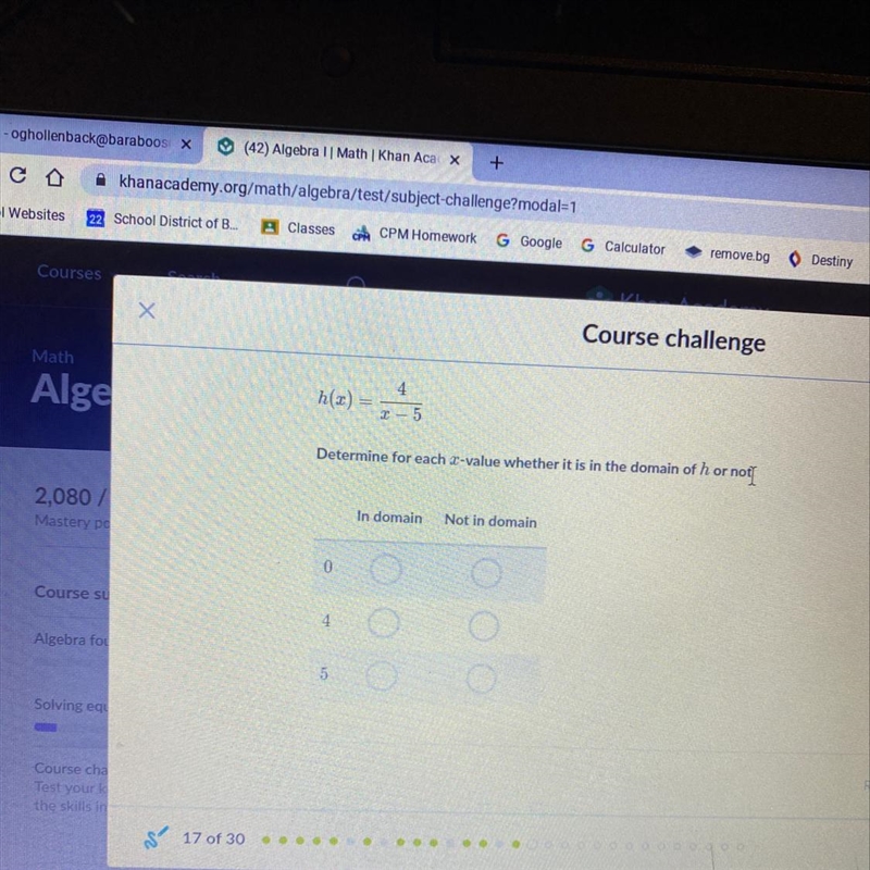 How can you determine the x value whether it is in the domain of h-example-1