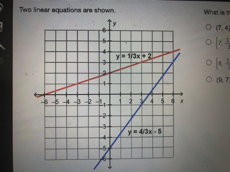 What is the solution to the system of equations? A. (7,4) B. (7,13/3) C. (8,14/3) D-example-1