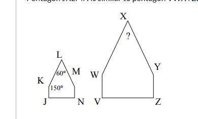 Pentagon JKLMN is similar to pentagon VWXYZ. What is the measurement of angle X? Group-example-1