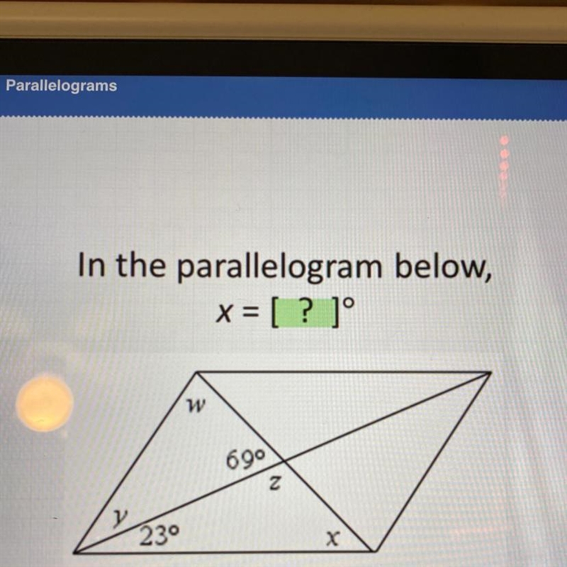 In the parallelogram below, x = [ ? ]° w 690 N 230-example-1