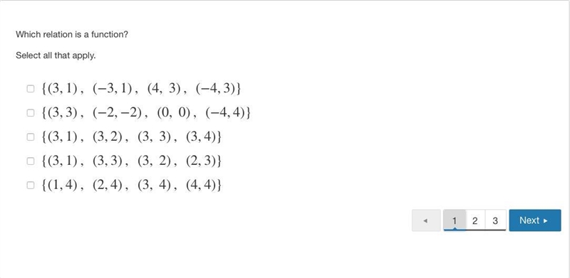 HELP! Which relation is a function? Select all that apply.-example-1