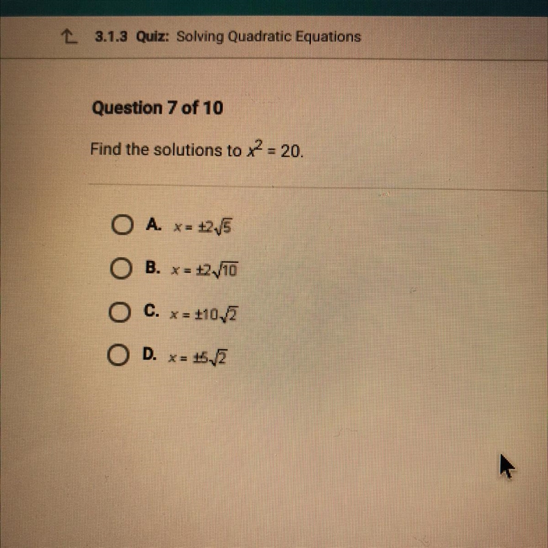 Find the solutions to x2 = 20.-example-1