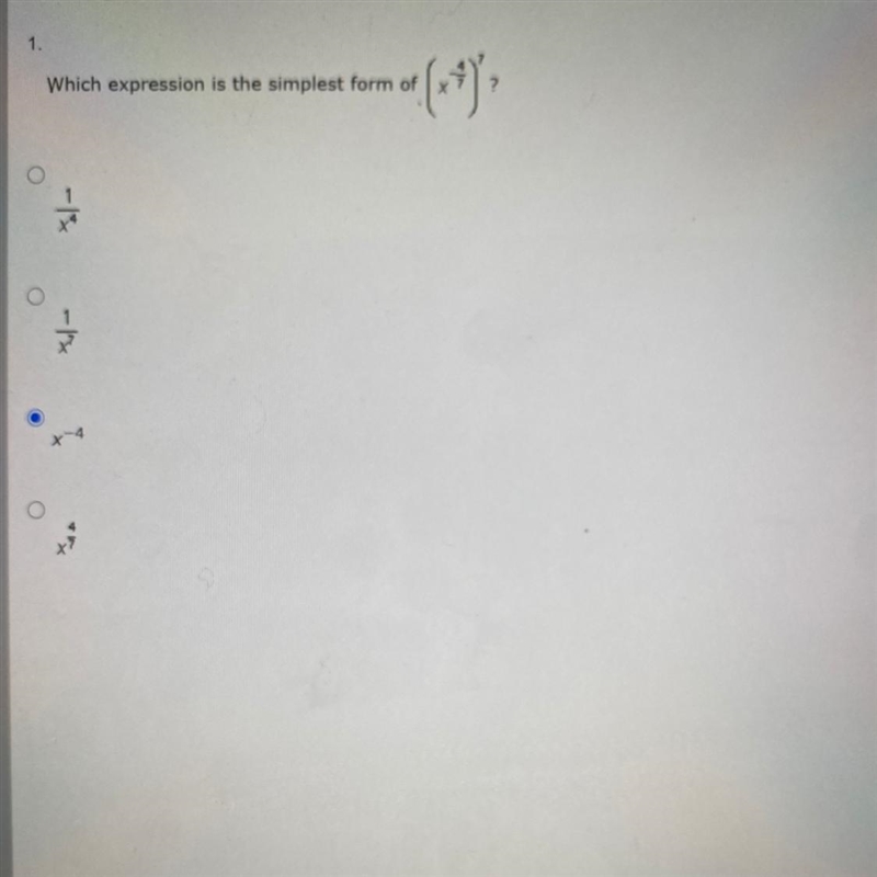 Which expression is the simplest form of (x4/7)^7-example-1