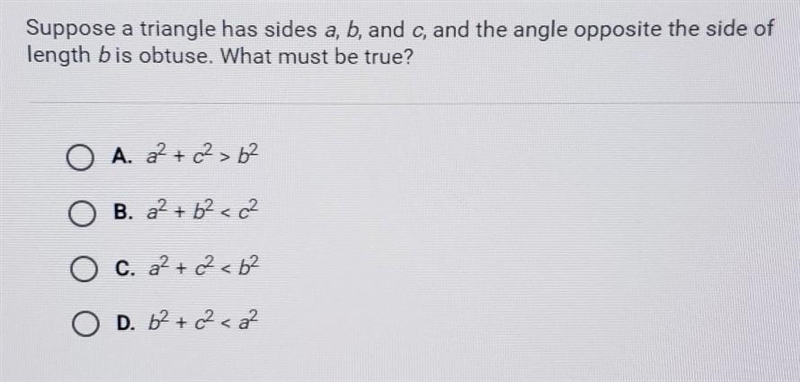 Suppose a triangle has sides a, b, and c, and the angle opposite the side of length-example-1