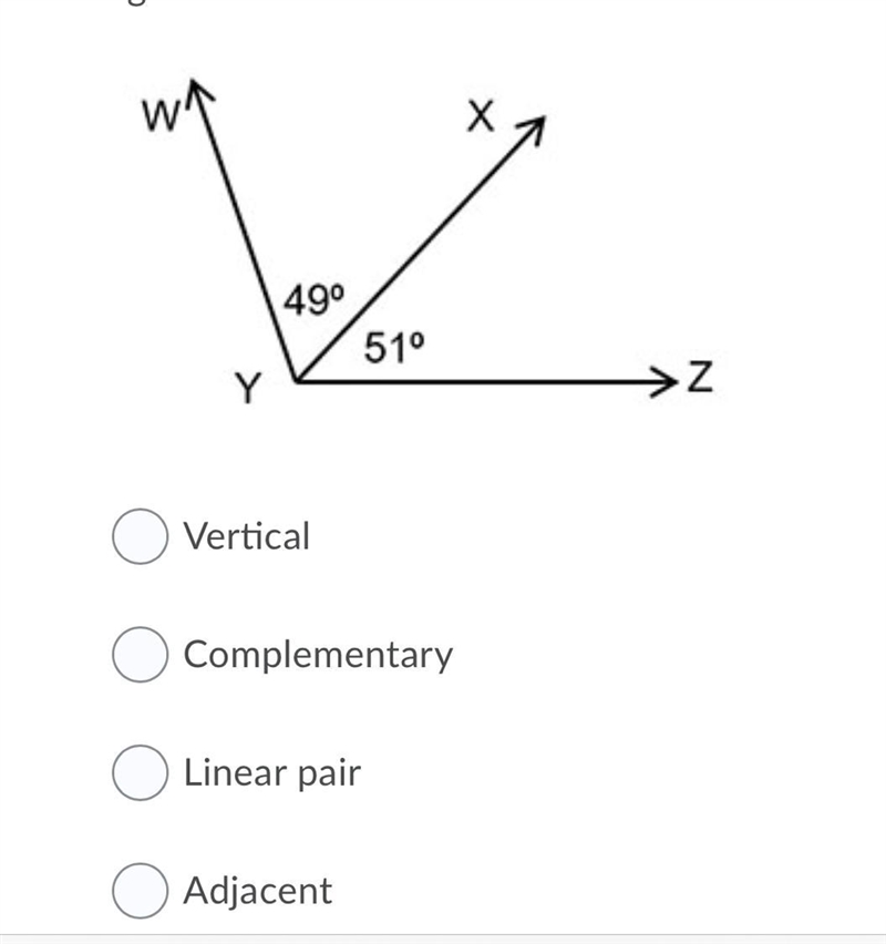 Identify the pair of angles shown in the figure. Question 17 options: Vertical Complementary-example-1