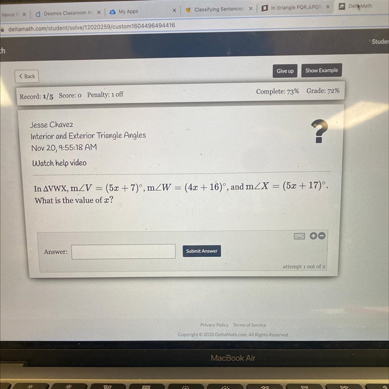 In AVWX, m_V = (5x + 7)º, m_W = (4x + 16), and m_X = (5x + 17). What is the value-example-1