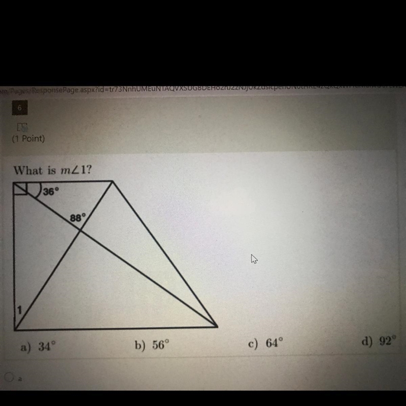 What is m<1? a) 34° b) 56° c) 64° d) 92°-example-1