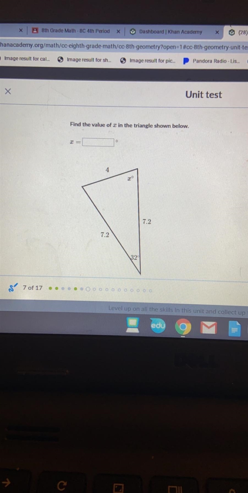 Find the value of x in the triangle shown below-example-1