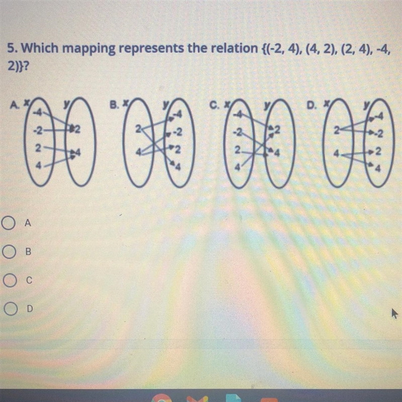 5. Which mapping represents the relation {(-2, 4), (4, 2), (2, 4), -4, 2)}?-example-1