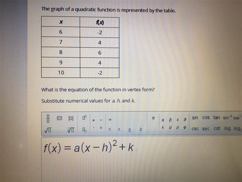 What is the equation of the function in vertex form? Substitute numerical values for-example-1