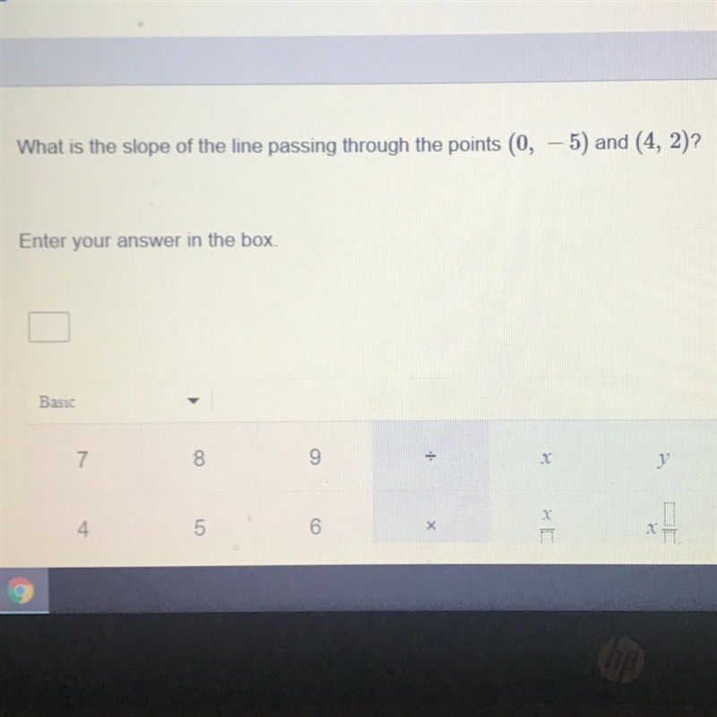 Slope What is the slope of the line passing through the points (0, -5) and (4, 2)? Enter-example-1