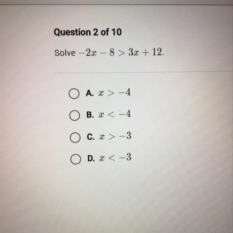 Solve - 2x - 8> 3x + 12. Please help!-example-1