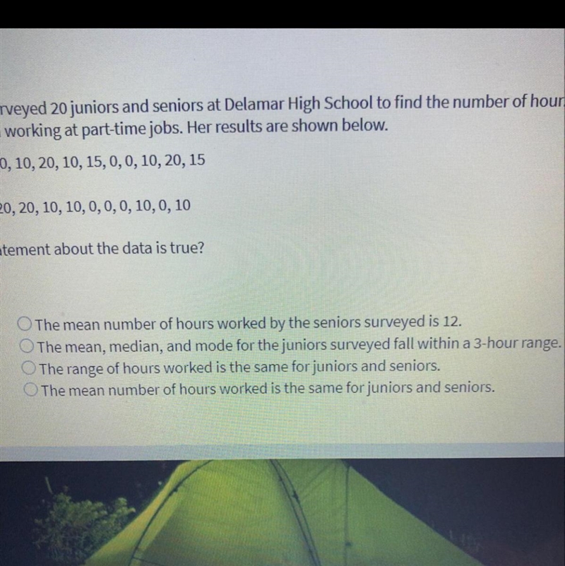 Amanda surveyed 20 juniors and seniors at delamar high school to find the number of-example-1