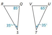 Determine whether the triangles are similar. If they are, write a similarity statement-example-1