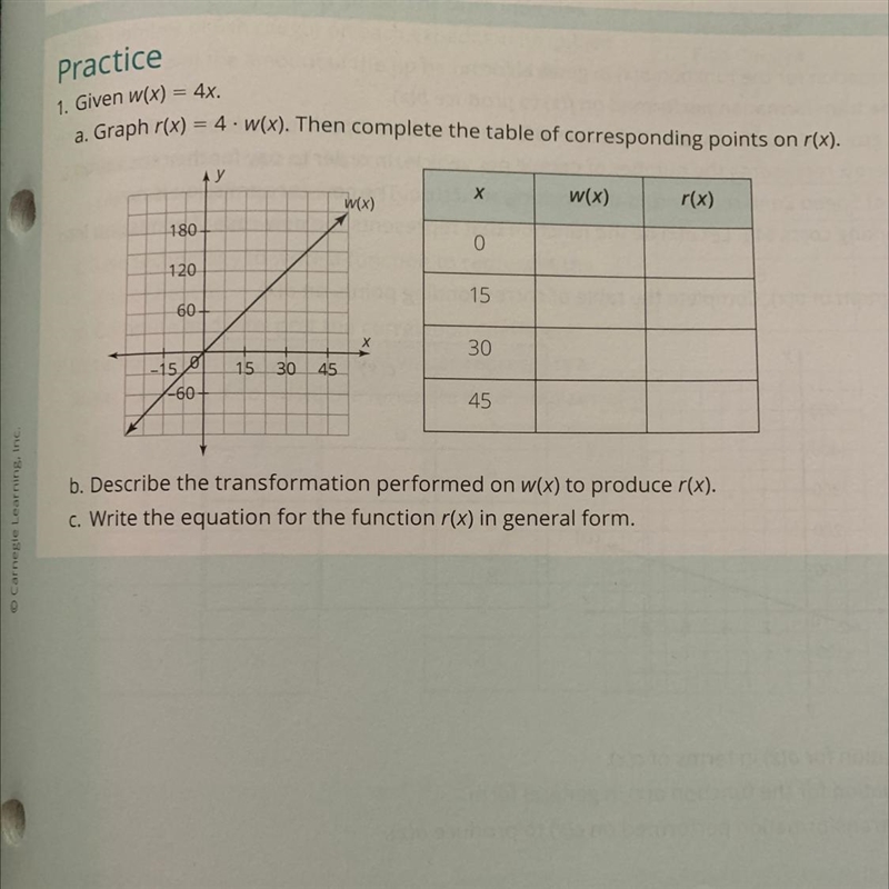 1. given w(x)=4x a. graph r(x)=4 x w(x). then complete the table of corresponding-example-1