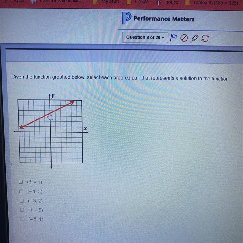 Given the function graphed below, select each ordered pair that represents a solution-example-1