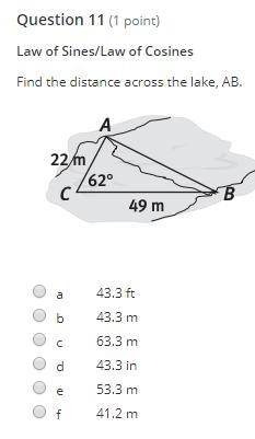 Find the distance across the lake using law of sines/cosines.-example-1