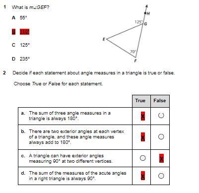 1 What is m∠GEF? A 55° B 110° C 125° D 235° 2 Decide if each statement about angle-example-1