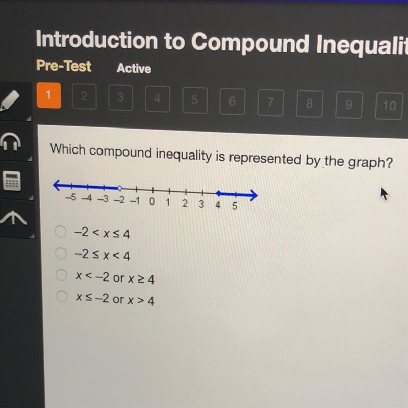 Which compound inequality is represented by the graph? -5 4 -3 -2 -1 0 1 2 3 4 5-example-1