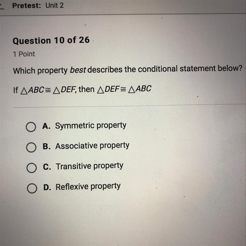 Which property best describes the conditional statement below? If triangle ABC= triangleDEF-example-1