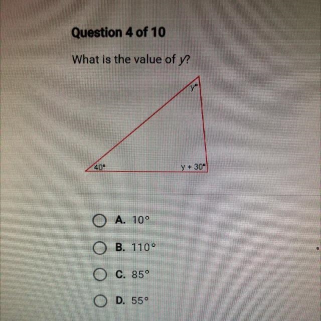 What is the value of y? A. 10 B. 110 C. 85 D. 55-example-1