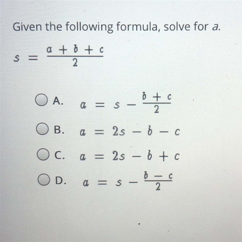 Solve for a s=a+b+c/2-example-1