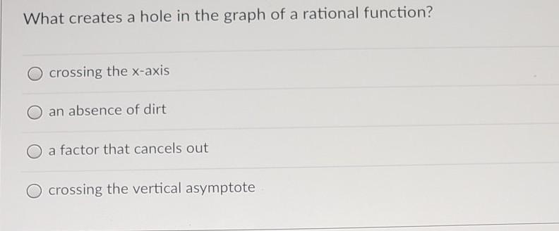 What creates a hole in the graph of a rational function?​-example-1