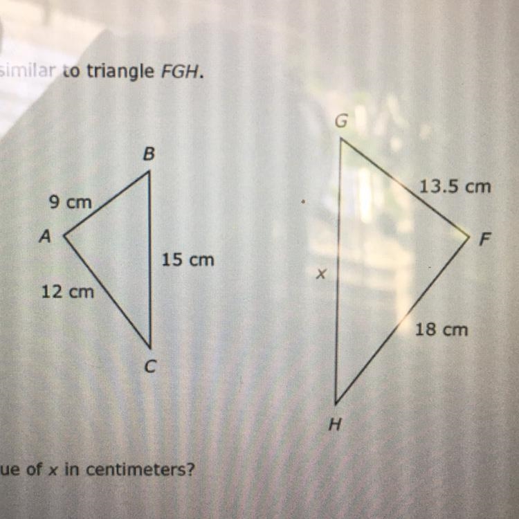 ‼️PLEASE HELP!! ASAP‼️ Triangle ABC is similar to triangle FGH What is the value of-example-1