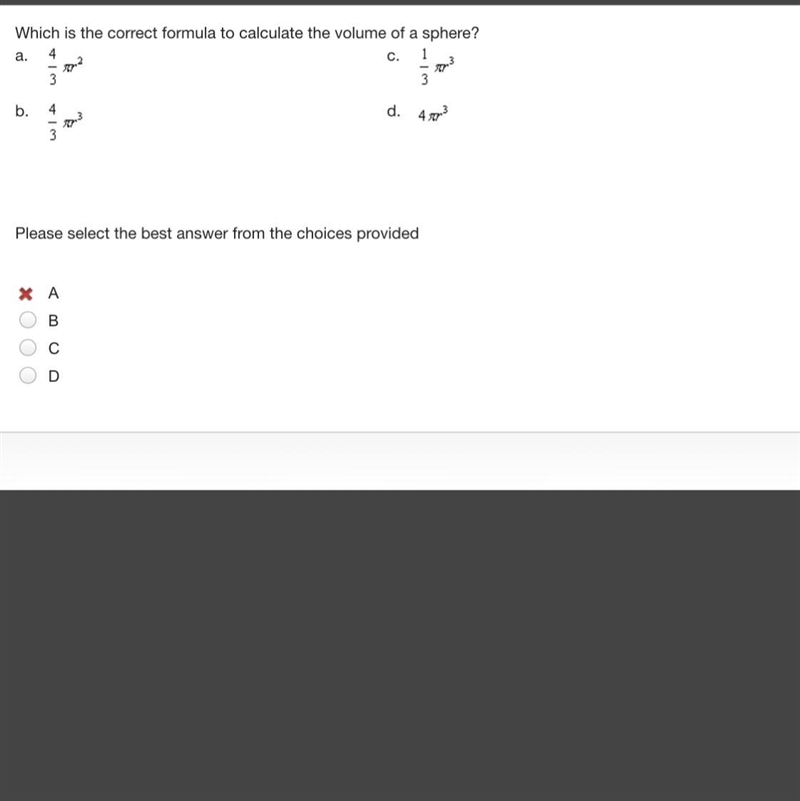 Which is the correct formula to calculate the volume of a sphere? a. Four-thirds pi-example-1