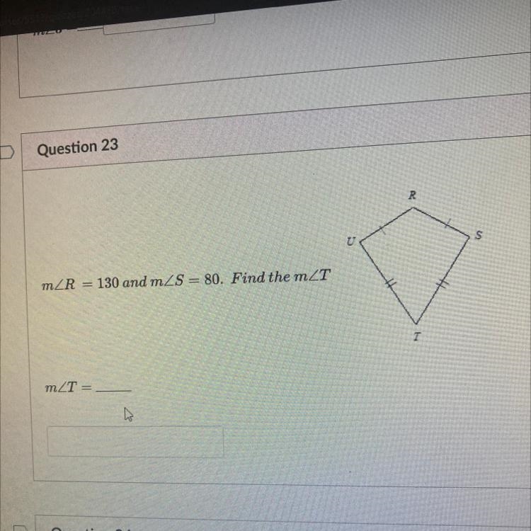 R mZR = 130 and mZS = 80. Find the mZT 7 mZT = I-example-1