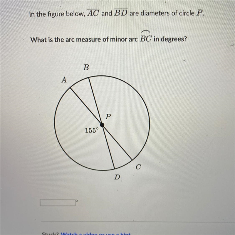 In the figure below, AC and BD are diameters of circle P. What is the arc measure-example-1