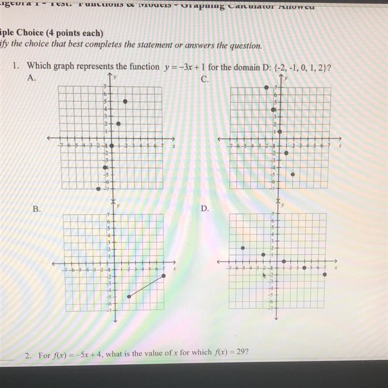 Me suremen Ur unswers The question. 1. Which graph represents the function y = -3x-example-1