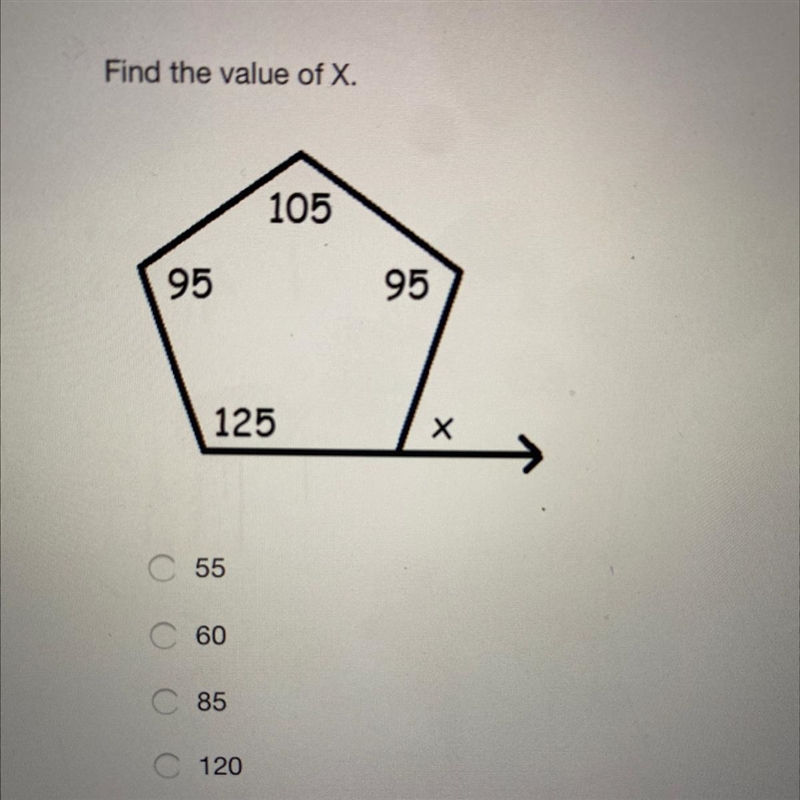 Find the value of X 105 95 95 125 C 55 C 60 C 85 C 120-example-1